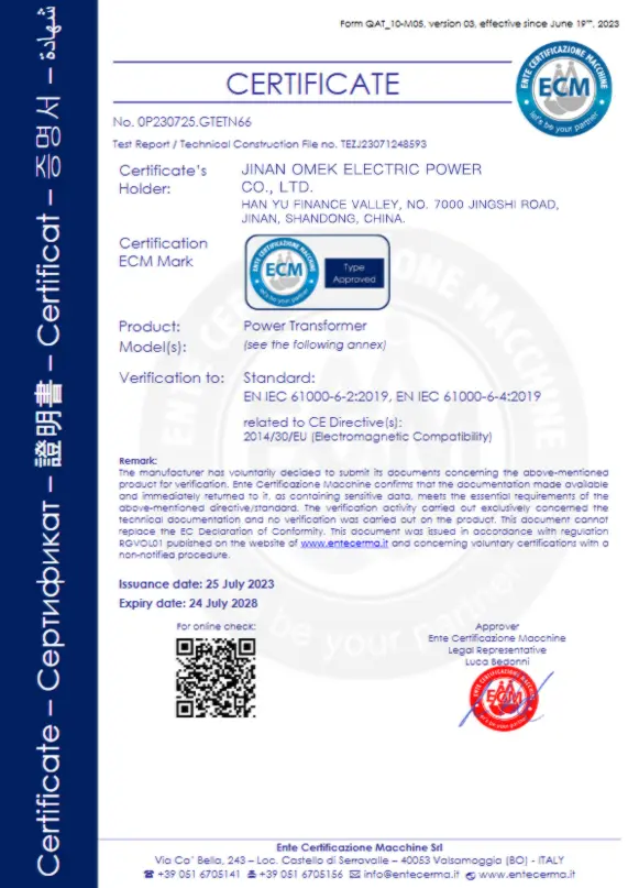 omek 1000 kva transformer CE certification