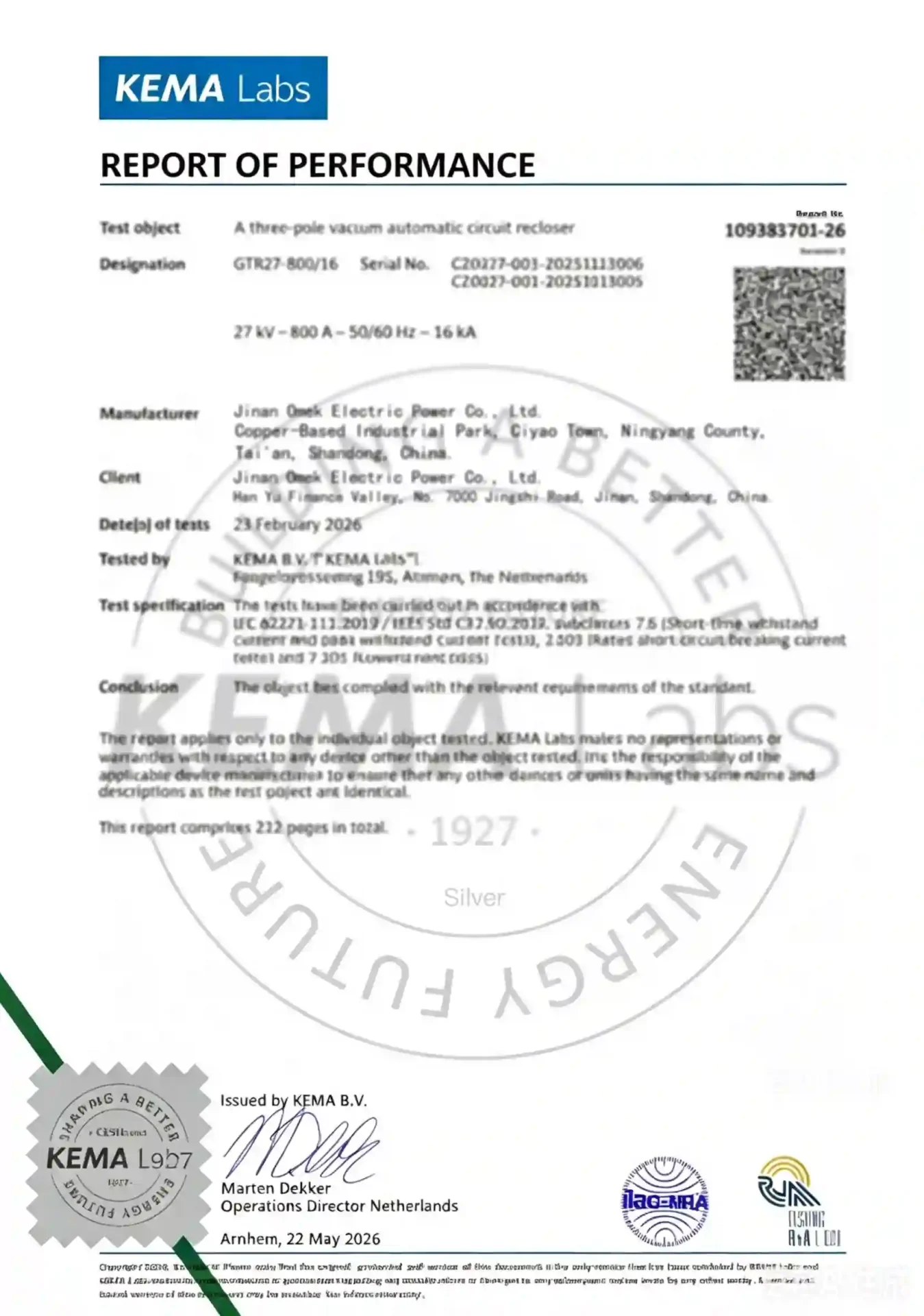 transformer KEMA certificate
