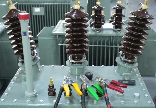 Transformer high-voltage bushings and test clamps prepared for no-load loss and no-load current measurement