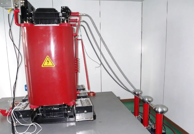 Dry-type transformer undergoing partial discharge measurement in a shielded test room according to IEC 60076-11