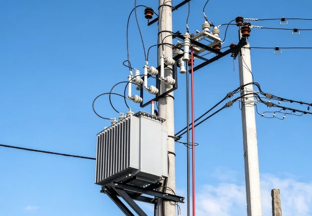 Distribution transformer unit on a power pole undergoing pre-delivery routine tests according to IEC standards